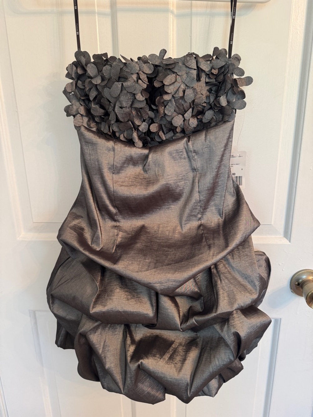 Strapless Metallic Bubble Hem Cocktail Dress with Petal Bodice